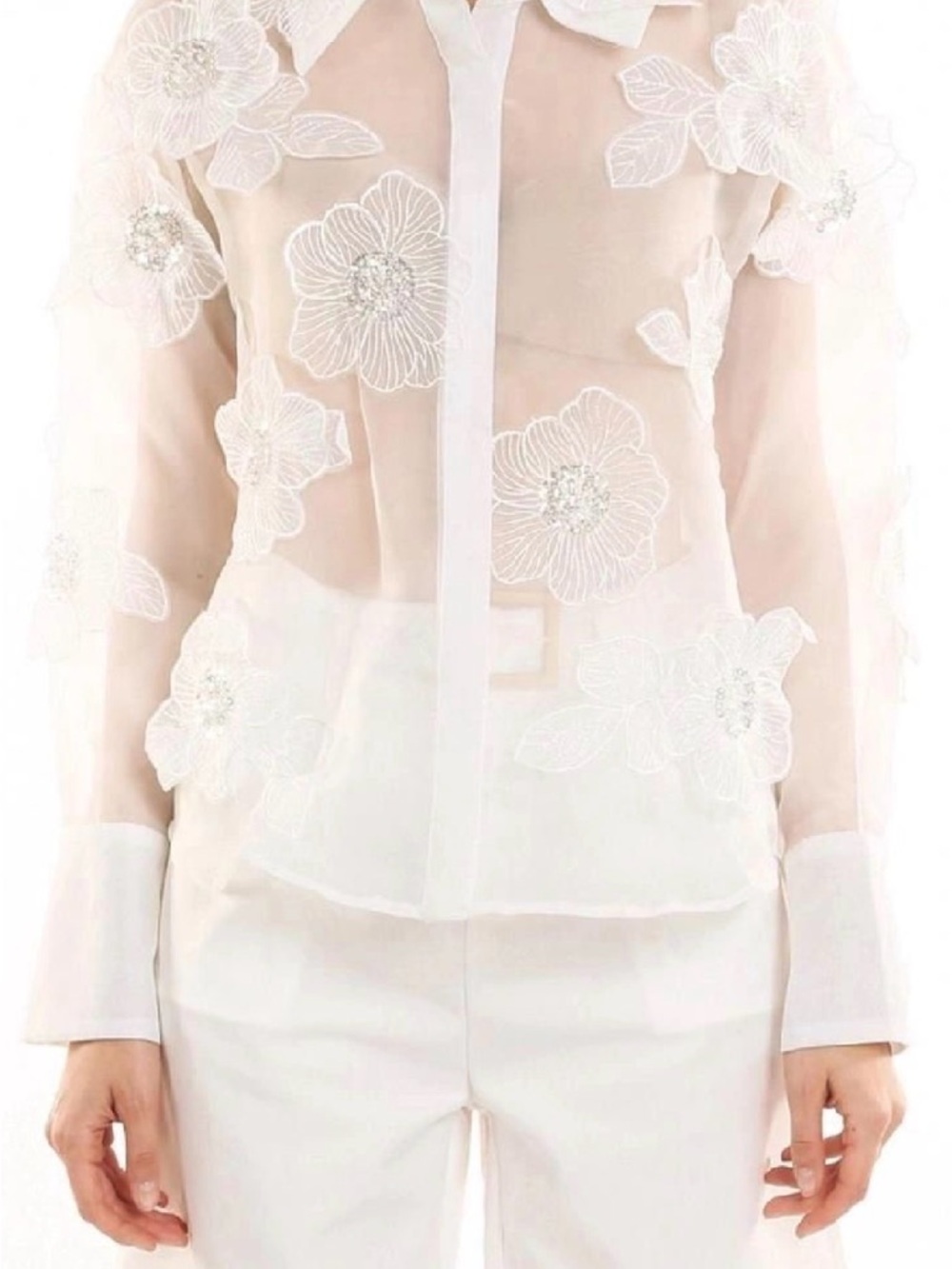3D white floral sheer blouse